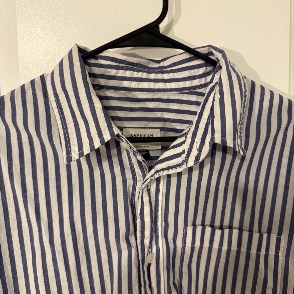 American Eagle Outfitters Navy and White Striped Casual Shirt